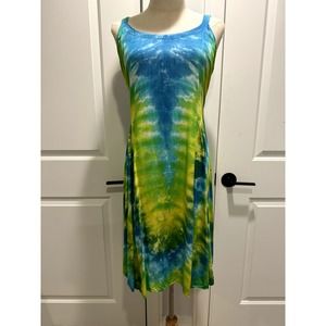 Sun Dress With A Tye Dyed Pattern. Turquoise, Yellow & Green Size M